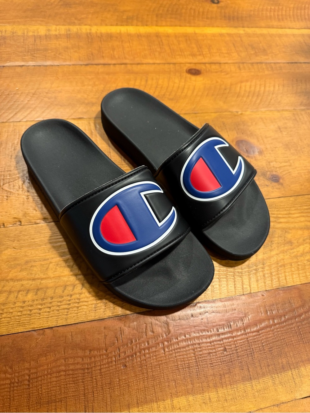 Champion Black Slides with Blue and Red Logo
